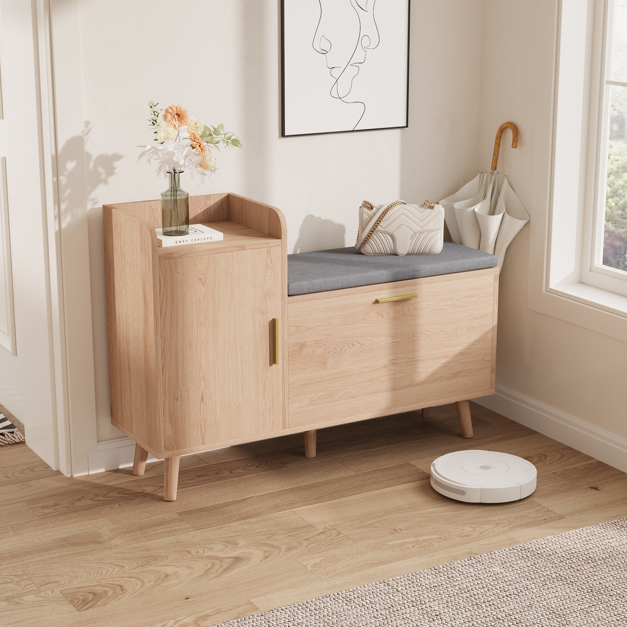 Meuble à chaussures multifonctionnelle,Rangement 2 étages réglables avec coussin amovible,Pieds en bois massif,Style scandinave,100x35x69,5,Naturel - 3