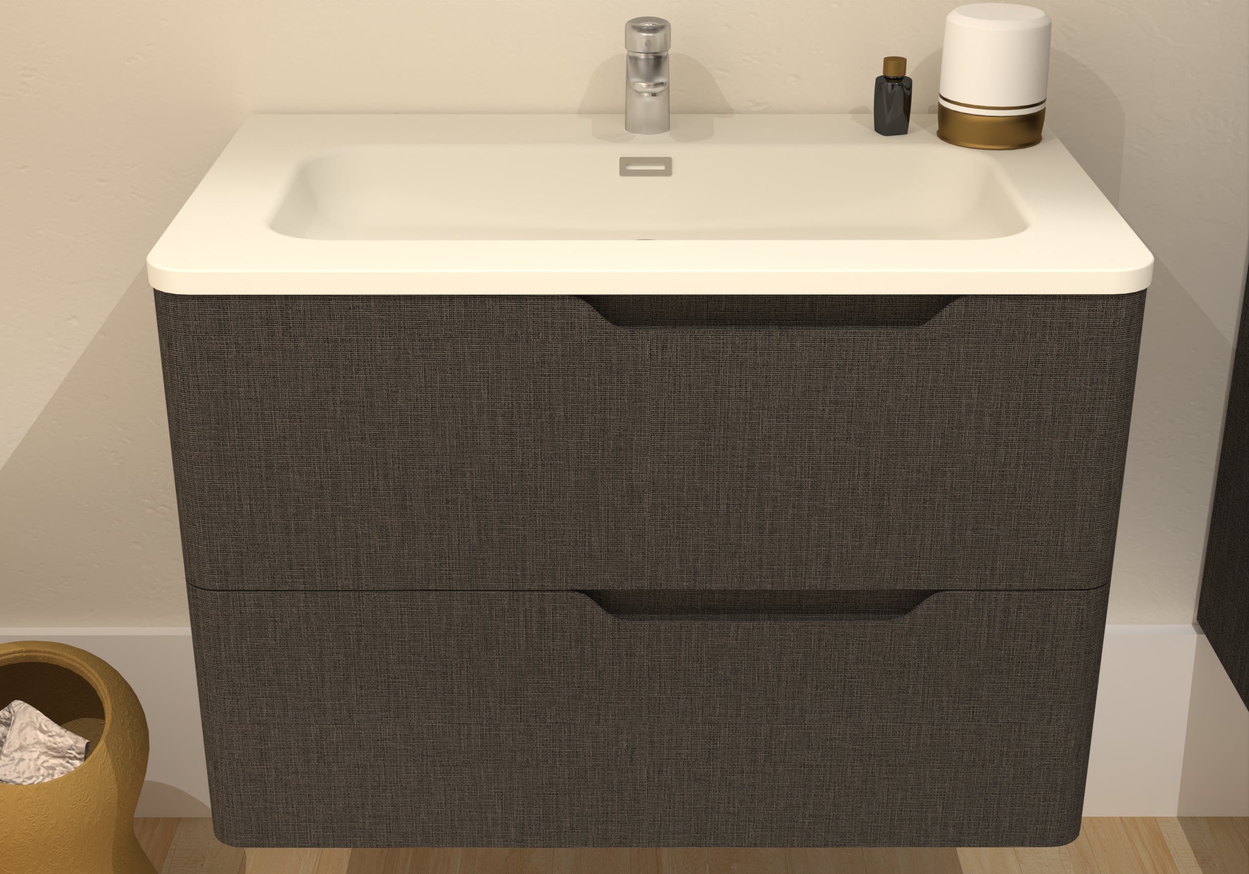 Meuble vasque suspendu LUNA 80 cm tissé gris 2 tiroirs + miroir LED ...
