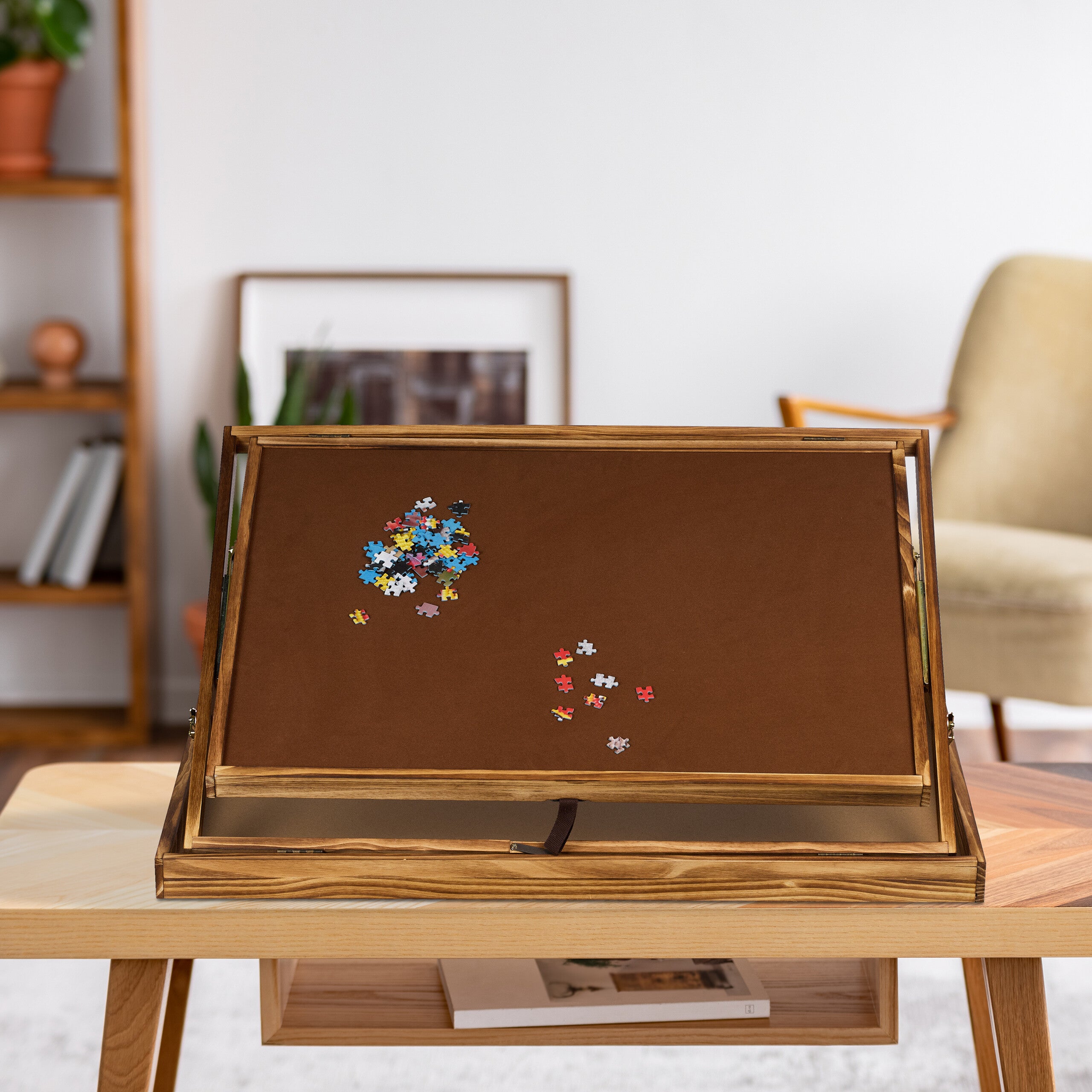 Table de puzzle, réversible, pour 1000 & 1500 pièces, hauteur réglable, bois, inclinable, support, marron, Relaxdays - 2