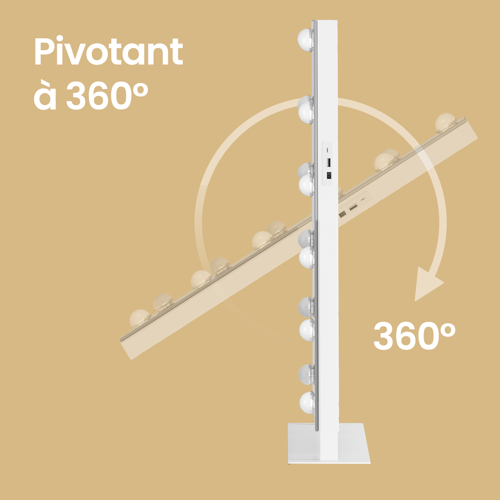 Miroir de Maquillage, avec Ports de Charge, 18 Ampoules, Miroir Grossissant, 80 x 60 cm, Blanc - 6