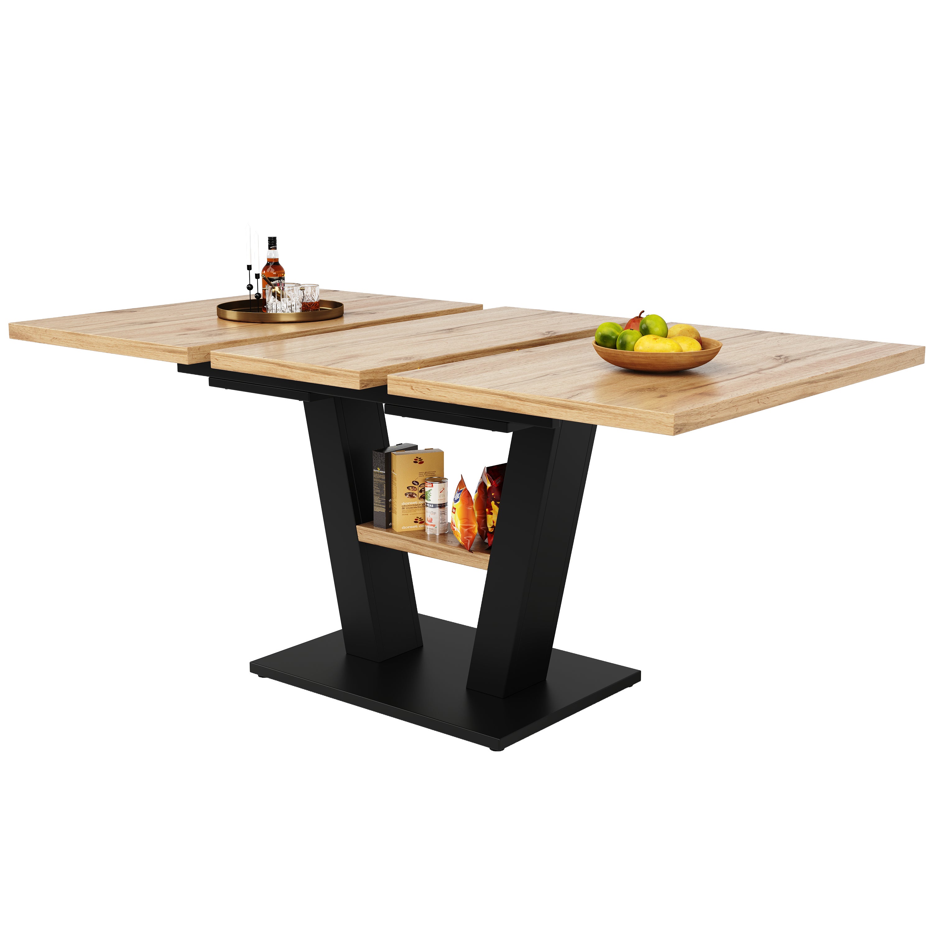 Table à manger extensible 4 à 6 couverts - 118/157 x 70 x 75 cm - Plateau extensible - MDF - Naturel + noir - 4