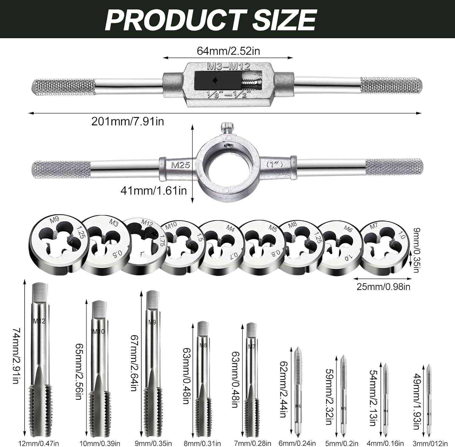 Jeu de tarauds et filières, clé à droite, jeu de 20 pièces, outils de réparation de filetage de tarauds machines M3-M12 - 4
