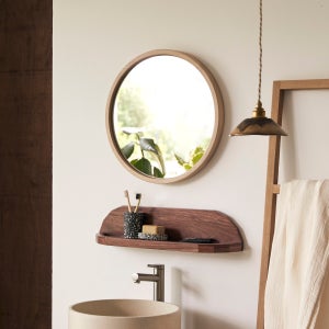 Miroir Mural Rond En Bois Avec Étagère - Style Rustique - 24 Pouces - Salle De Bain, Salon