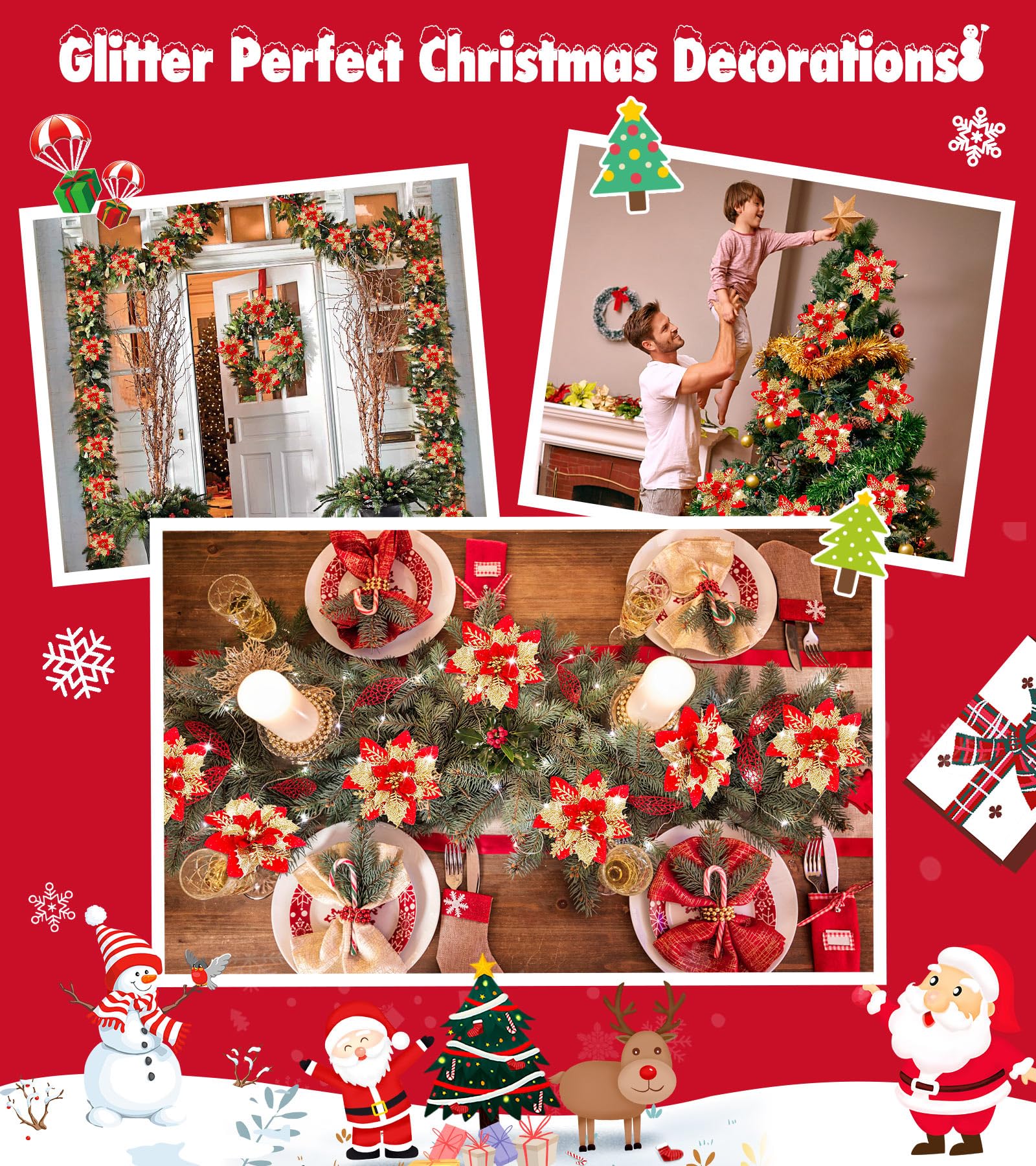 20 pièces décorations de noël, fleurs de noël artificielles avec clips, guirlande d'arbre de noël scintillante pendentifs de fleurs artificielles - 8