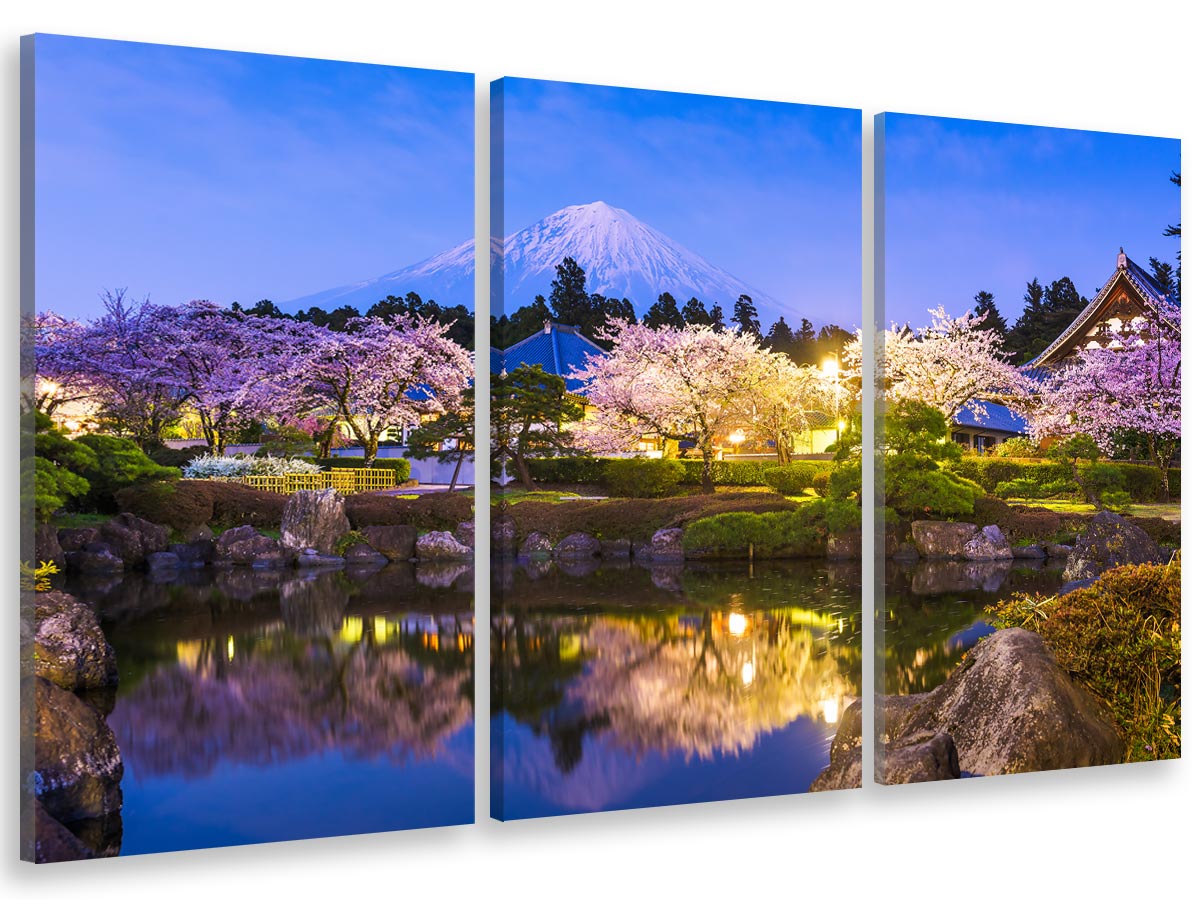 Cuadro tríptico paisaje mt fuji y templos en primavera - 90x60 cm