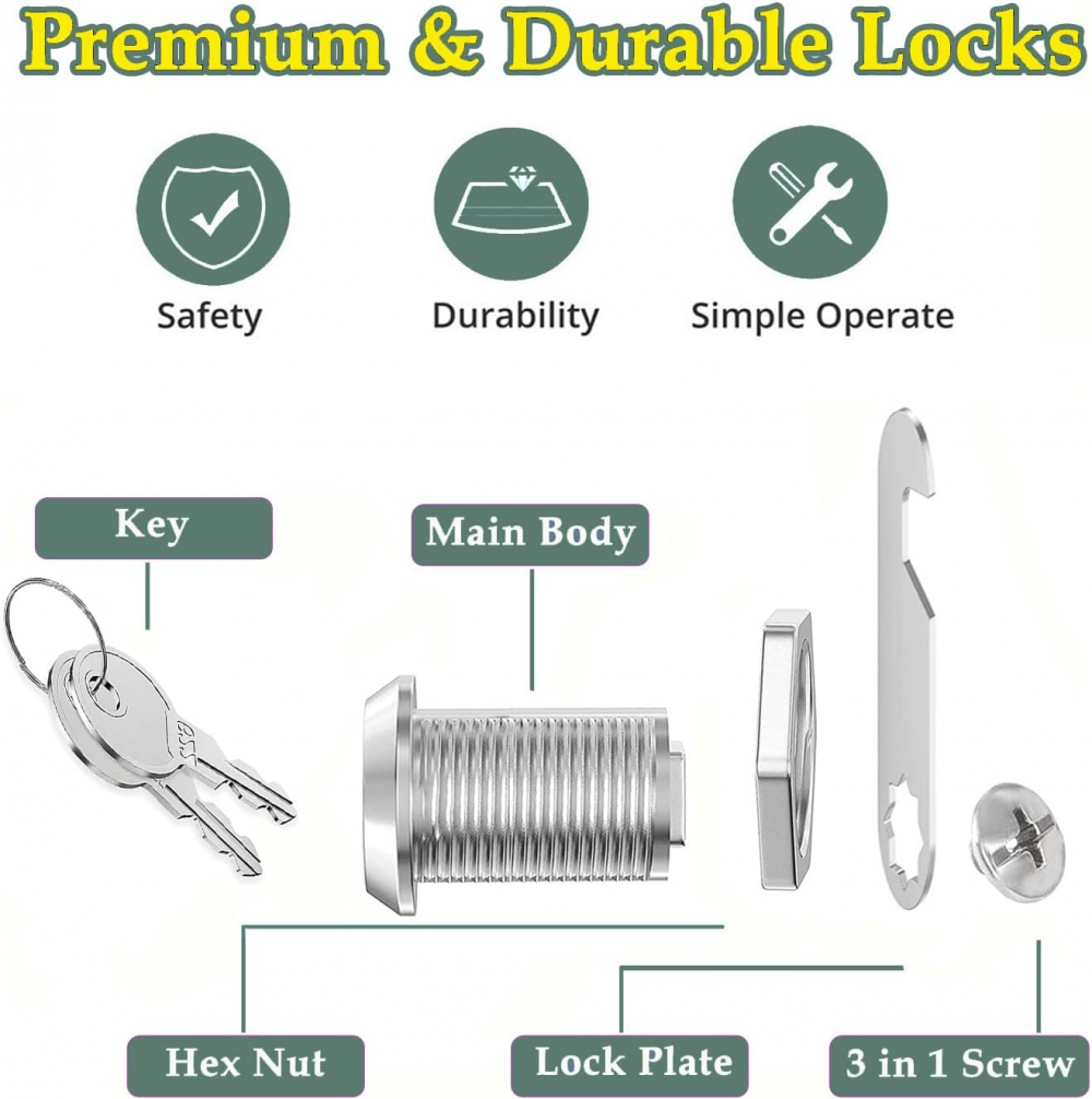 Serrure de boîte aux lettres, serrure de sécurité avec clé assortie, serrure à came en métal argenté, 25 mm - 2