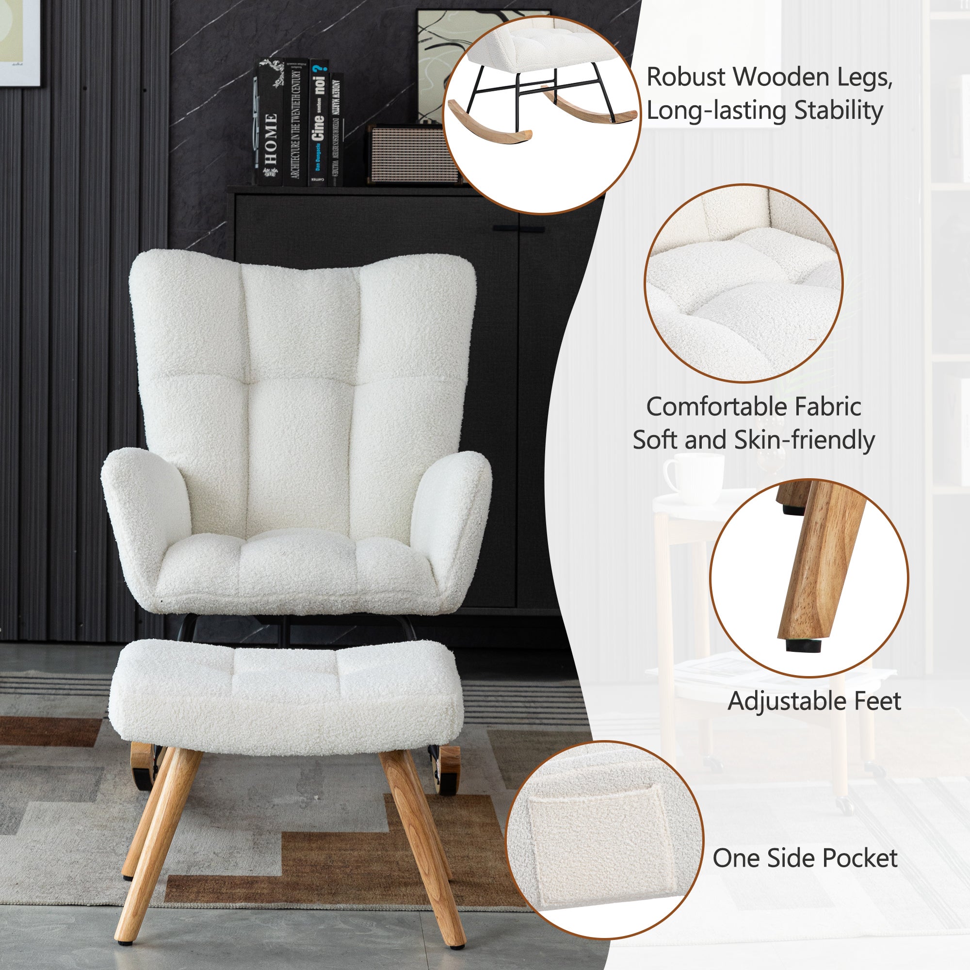 Fauteuil à bascule Rocking chair en tissu bouclette - avec repose-pieds - Blanc - 3