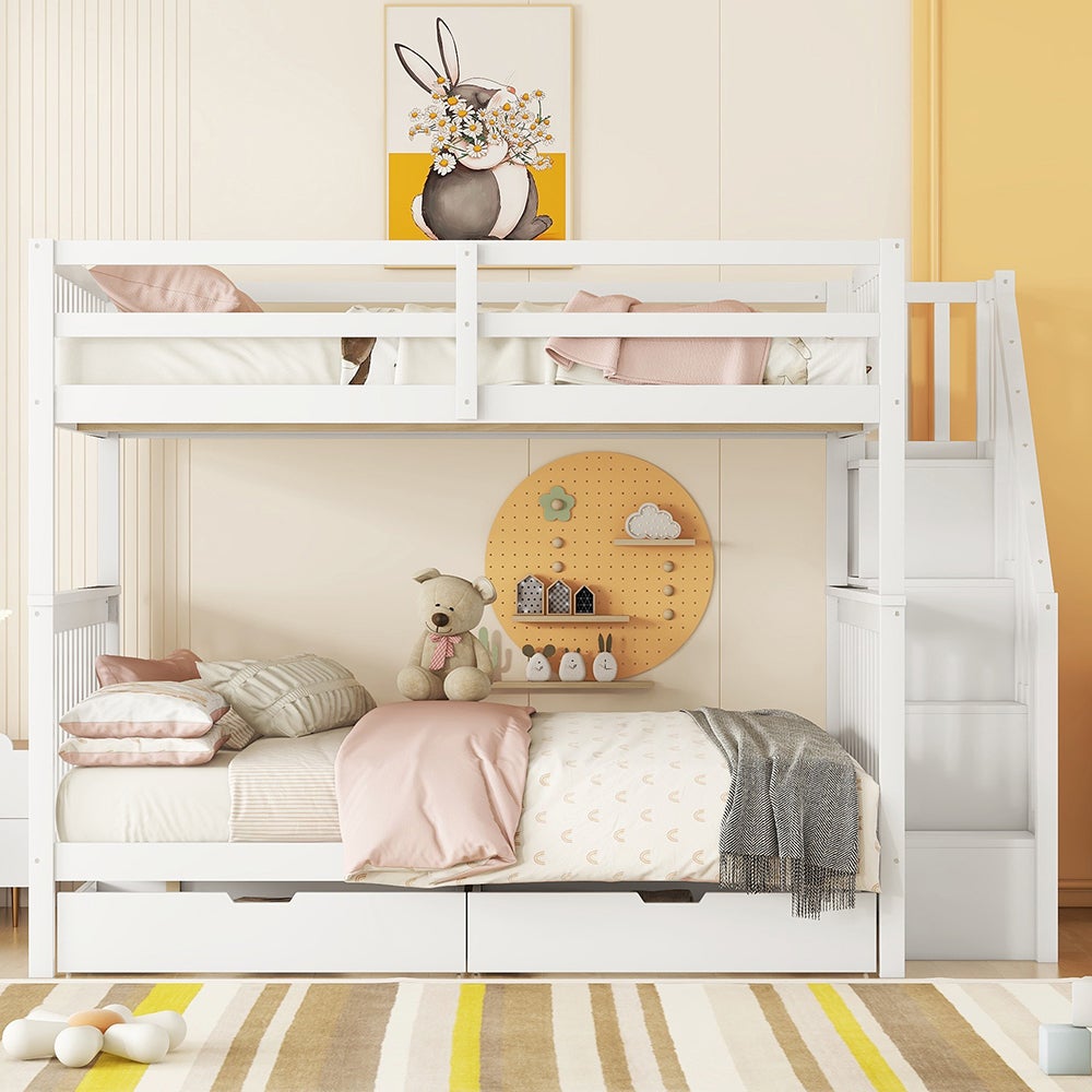 Chambre Enfant économique Lit Superposé Enfant LIVLUX 140x200cm - Mezzanine Avec Escalier Rangement Et Barrière - Bois Blanc Lit Superposé Bois