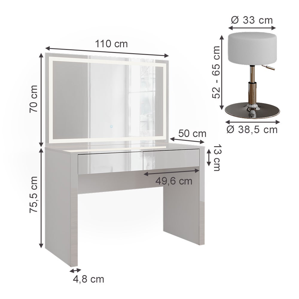 Vicco Toaletka Annabelle, Biały wysoki połysk/biały, 110 cm z lustrem LED i stołkiem - 2