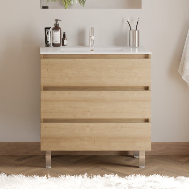 Meuble de salle de bain 80cm simple vasque - sans miroir - 3 tiroirs - nebraska&nbsp;(bois clair) - MAYOR