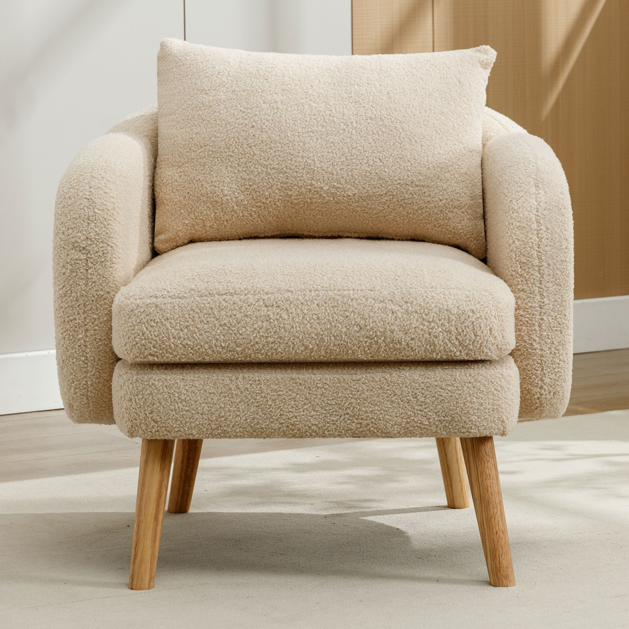 Fauteuil en tissu bouclette avec coussin épais - pieds en bois massif - beige - 3