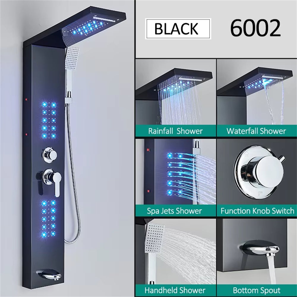 Panneau de douche LED, colonne de douche cascade sur pied avec pommeau de douche, douche de pluie murale (Noir) - 9