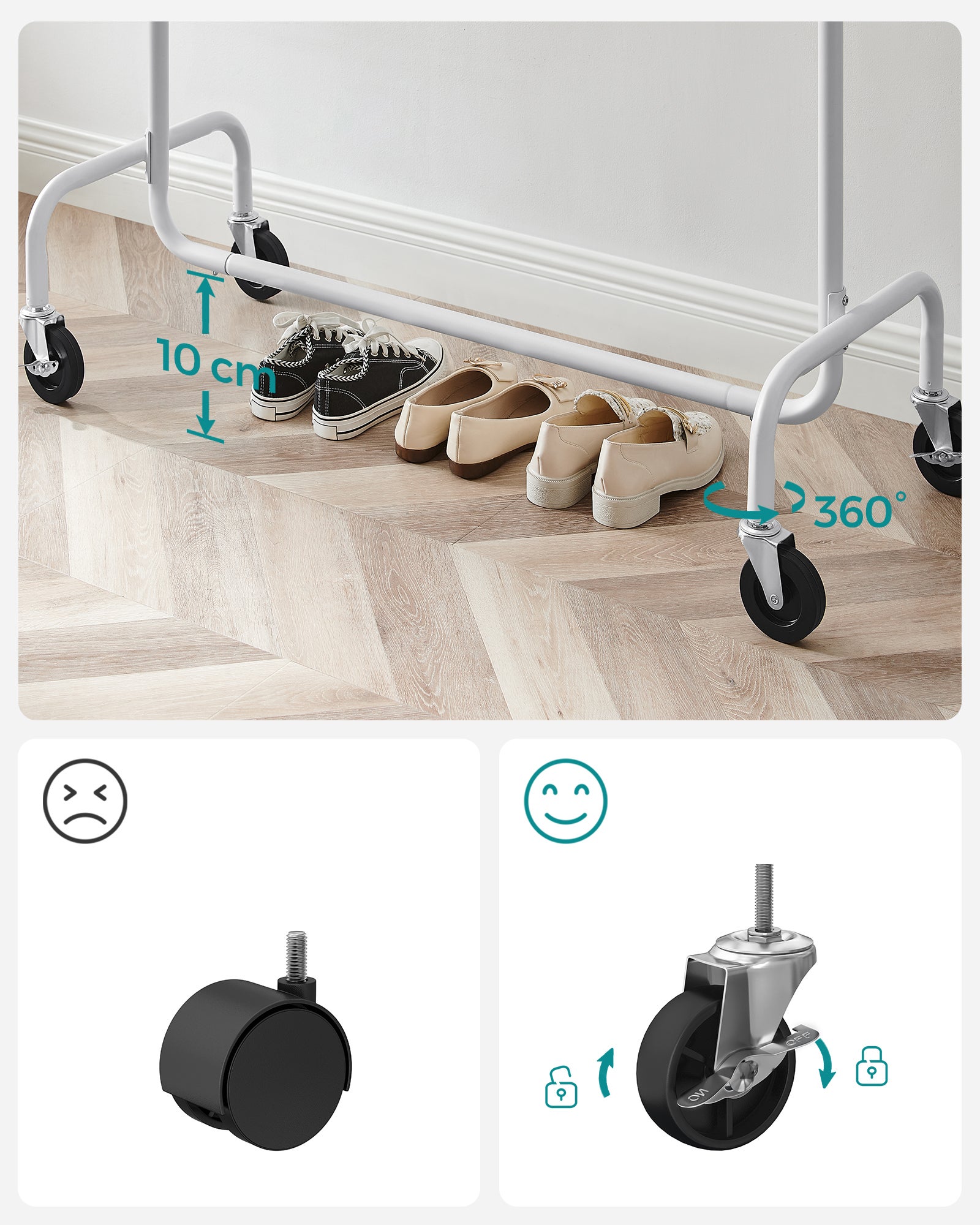 Portant à Vêtements avec Roulettes, Tringle Extensible pour Charge Lourde, Capacité de Charge 130kg, Porte-manteau pour Vêtements, en Métal, Blanc Mat - 6