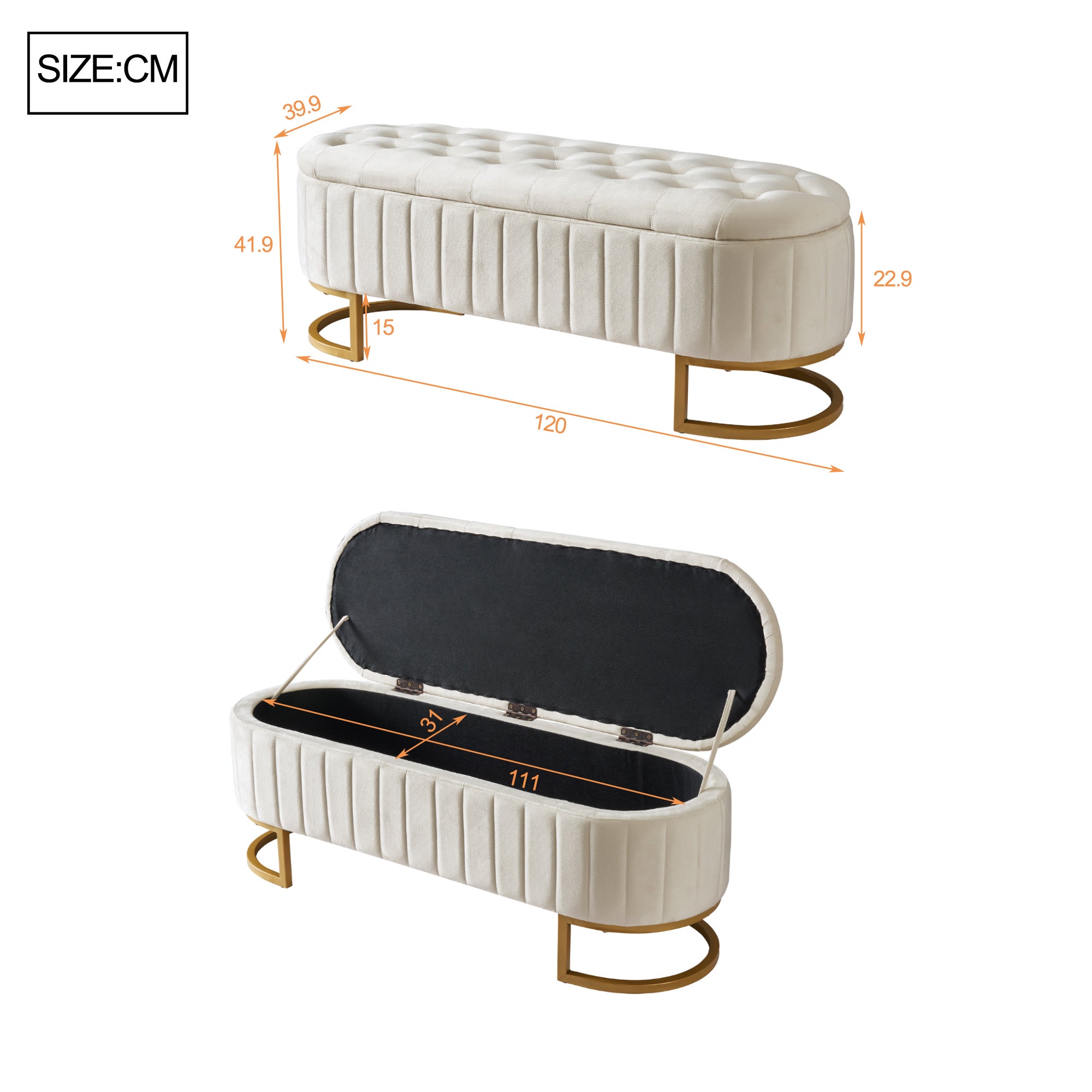 Banc de rangement, banquette - 120 x 39.9 x 41.9 cm - Velours et pièds en métal - Beige - 8