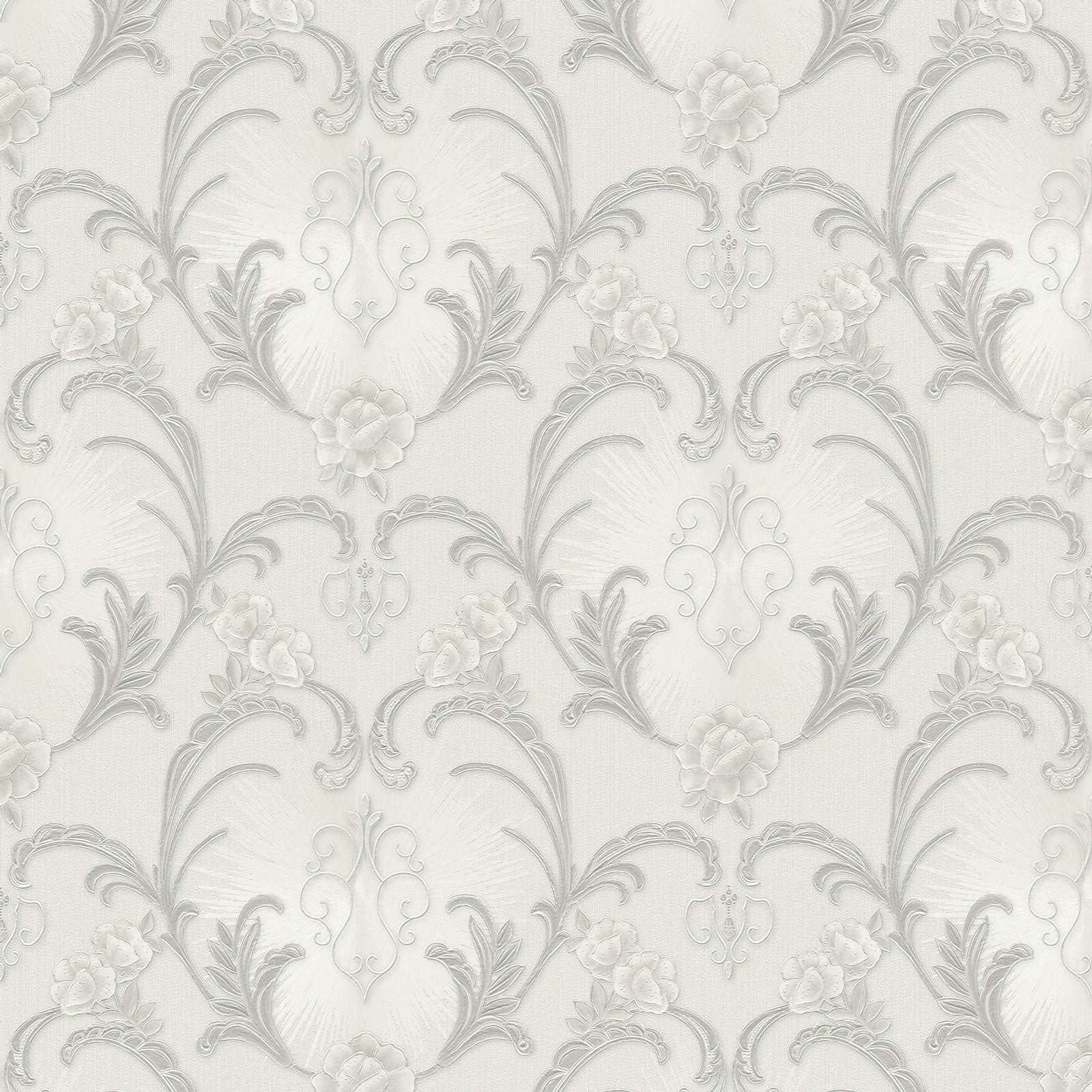Papier Peint Baroque Damassé Floral AS Creation Gris Blanc Cassé - Non Tissé, 10m