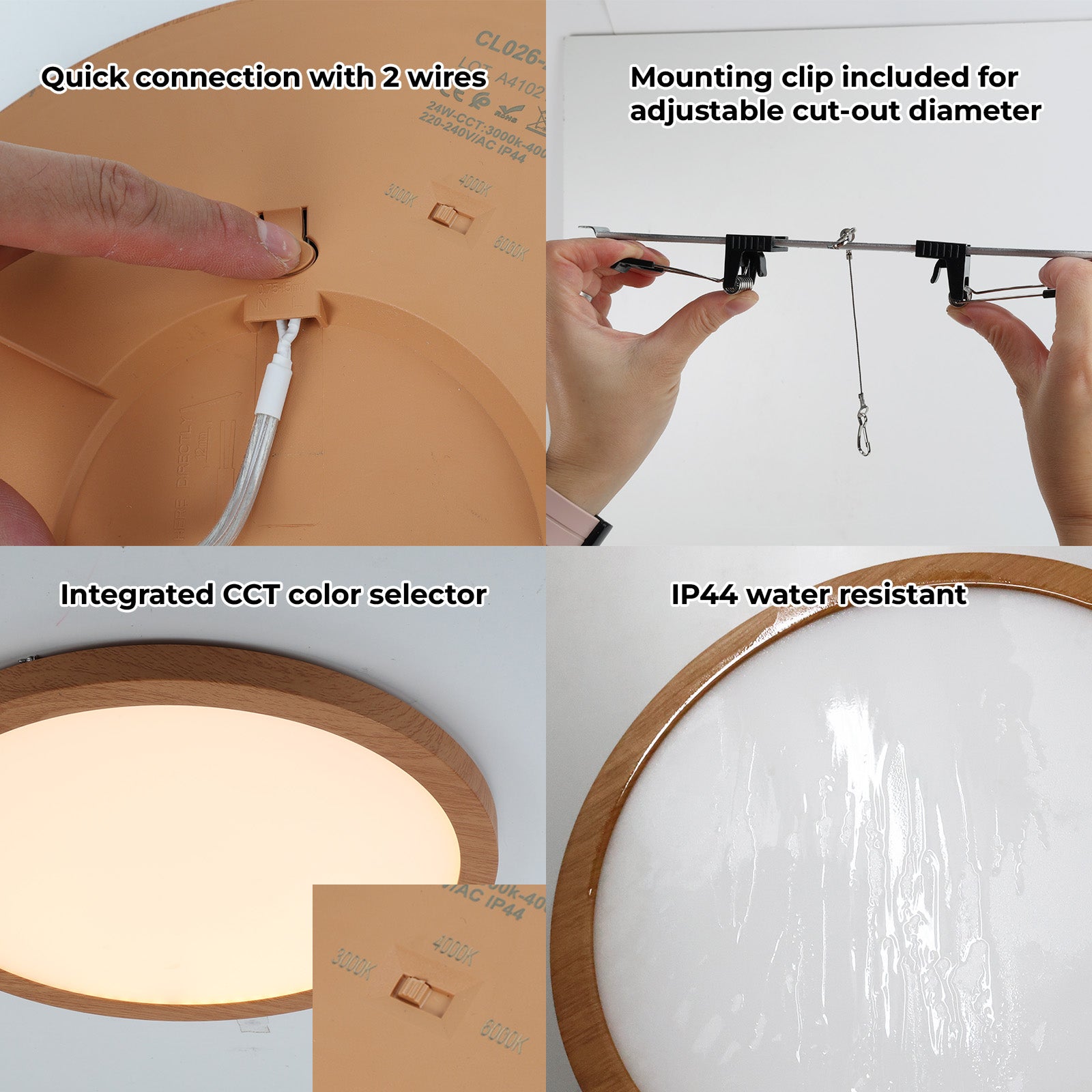Plafón LED Circular Ø300 mm 24W IP44 empotrable/superficie efecto madera, CCT 3000K-4000K-6000K, corte ajustable Ø65-270 mm, diseño ultrafino 17 mm. - 8