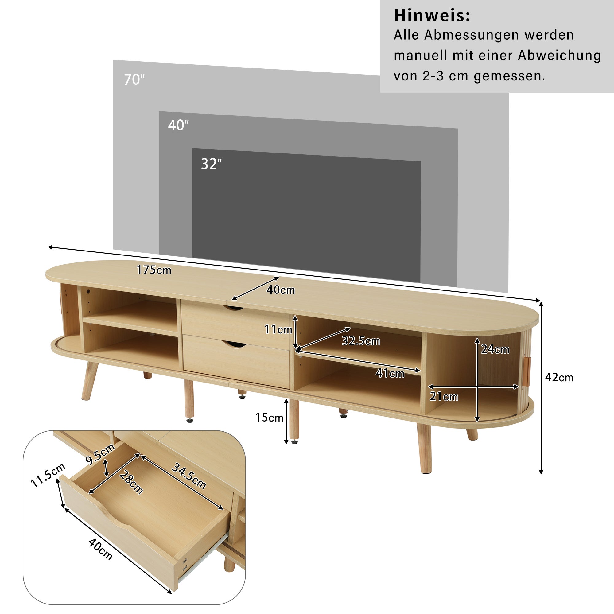 Meuble TV avec 2 portes coulissantes en forme ovale - 175 x 40 x 42cm - Bois MDF - Couleur bois - 9