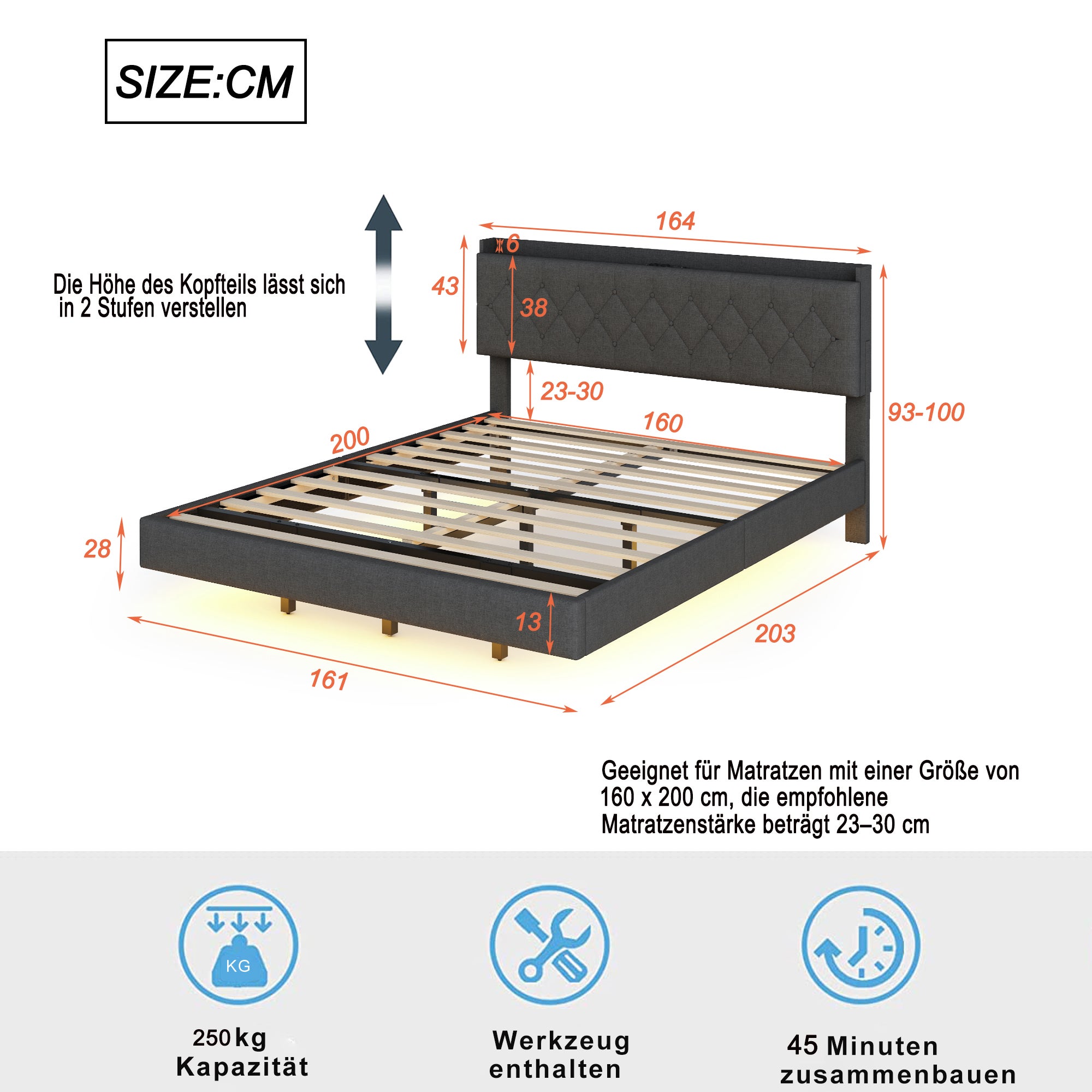 Cama acolchada de lino 160x200 cm - con puerto de carga USB y LED - con somier - Gris - 6