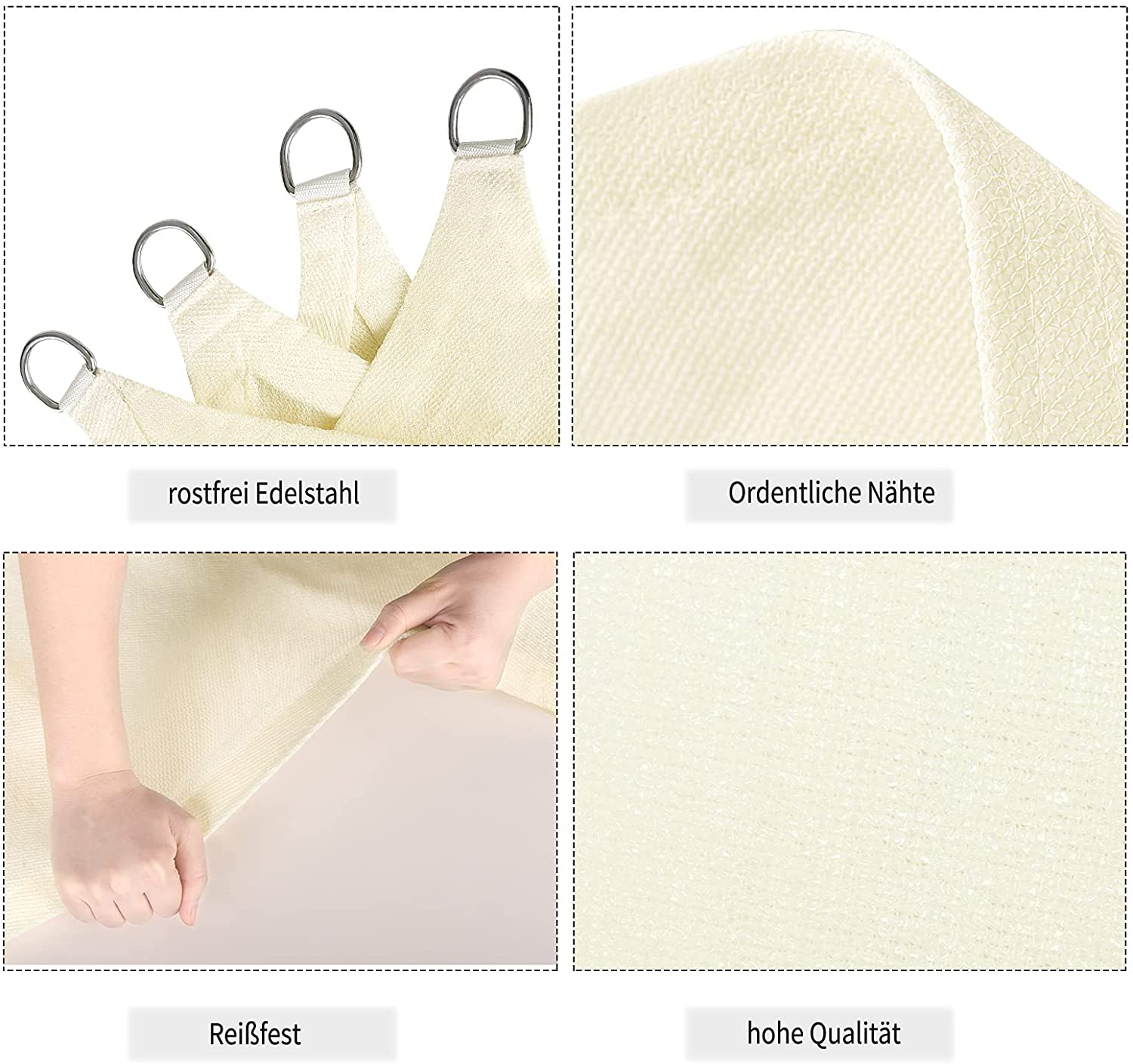 Voile d’ombrage triangulaire 5x5x7m, en HDPE, protection contre le soleil avec protection UV pour jardin ou camping, Crème, WOLTU - 4