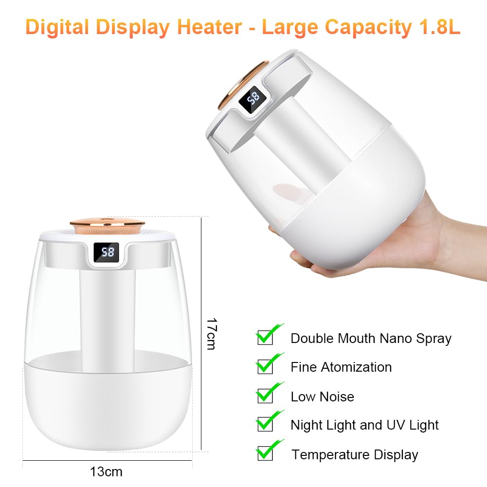 Humidificador para dormitorio - Humidificador de ambiente de 1.2 L con doble boquilla y luz nocturna, pantalla digital, 30 dB para oficina (blanco) - 3