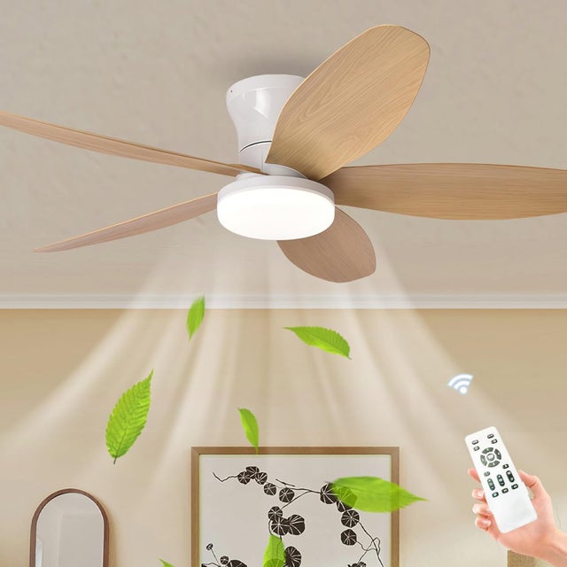 Ventilateur de plafond avec lumière et télécommande, ventilateur de salon à 5 lames à intensité variable, plafonnier pour chambre,plafond,Chêne,100cm