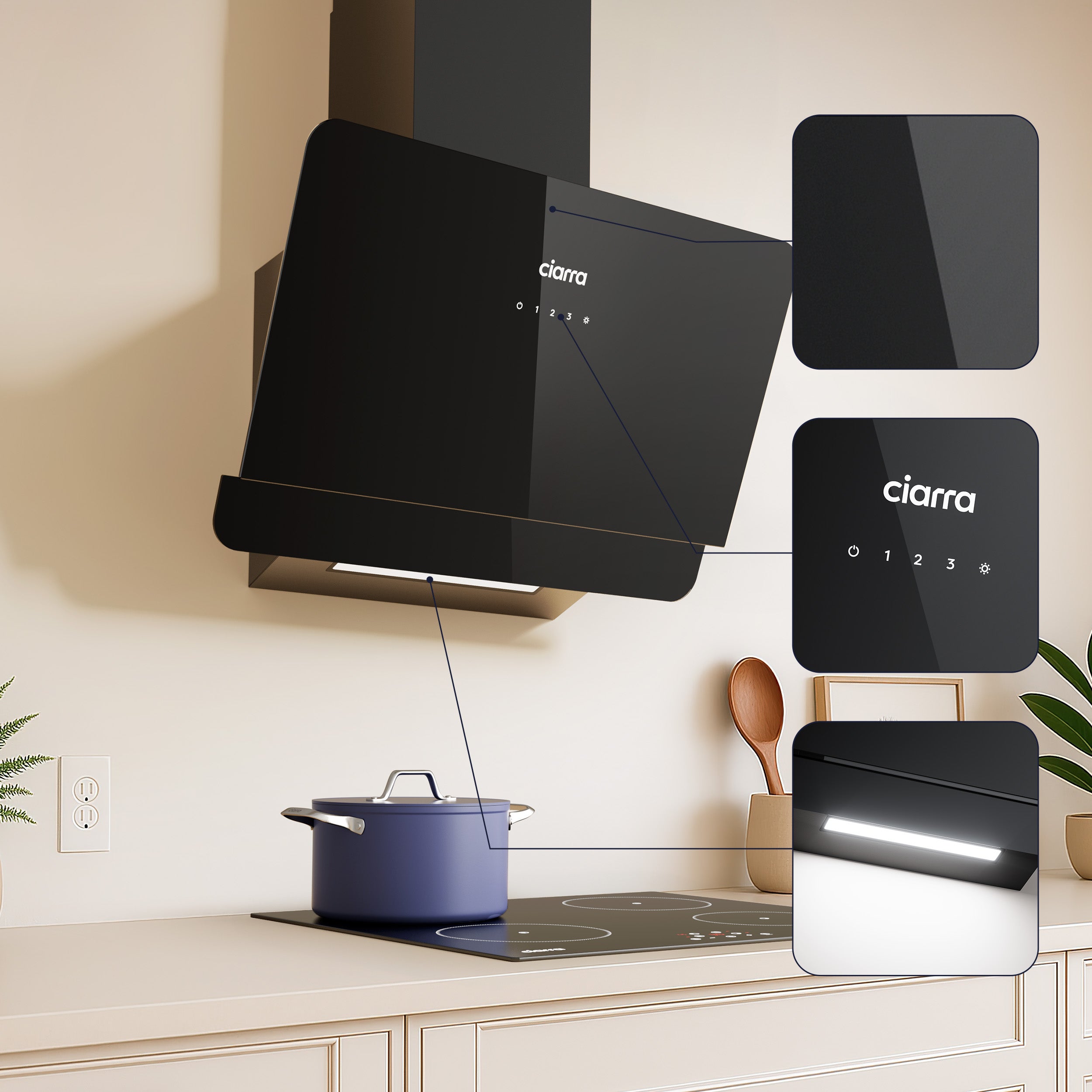CIARRA Cappa a parete 60cm 590m³/h Classe A+ Comandi Touch 3 Velocità Ricircolo o Scarico Nero CD6765CB - 5