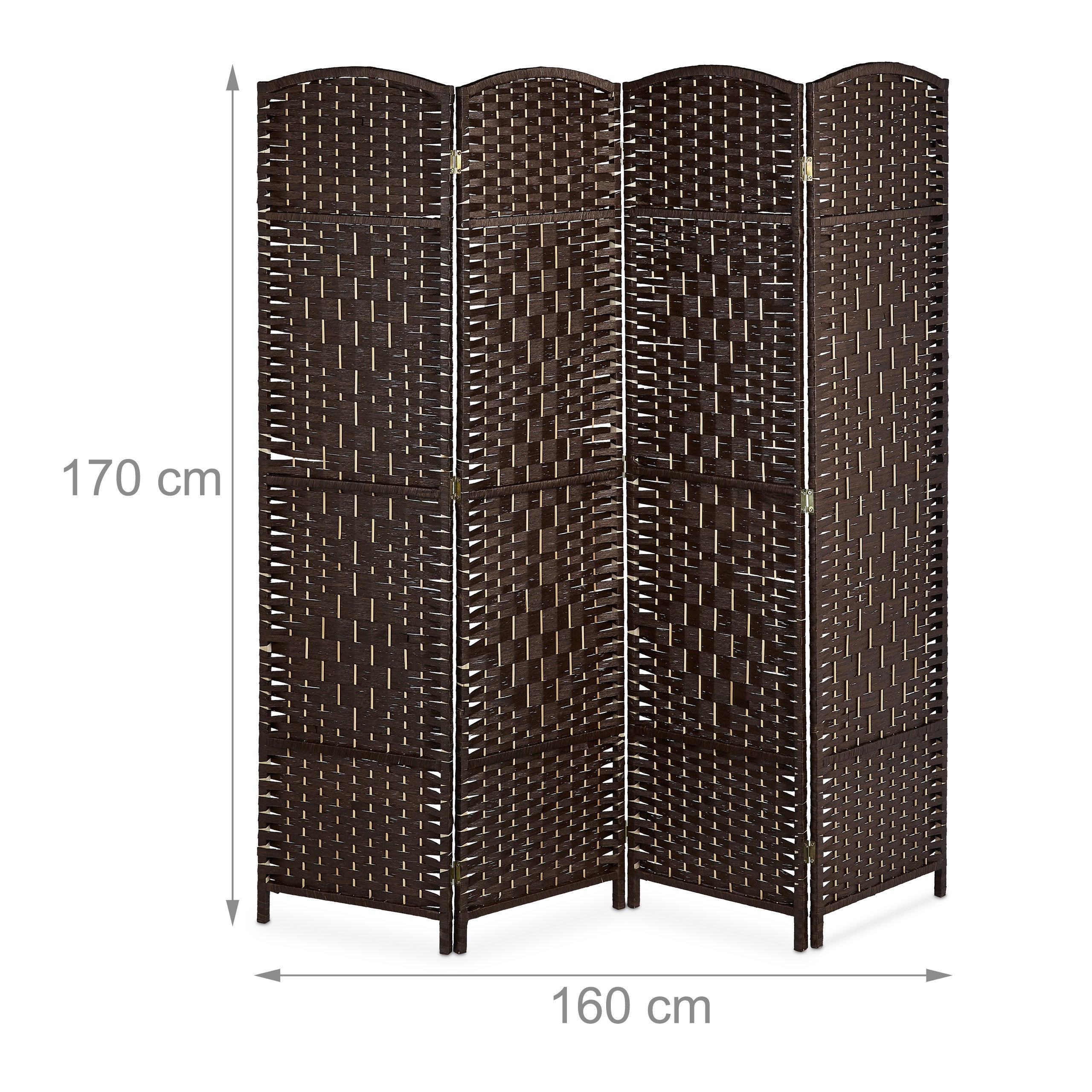 Paravent intérieur, 4 parties, HxL 170 x 160 cm, séparateur pliable, bois & corde papier, brise-vue, brun, Relaxdays - 4