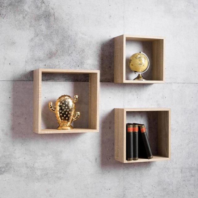 Set 3 mensole da parete forma cubo Shelvy Cub colore sonoma