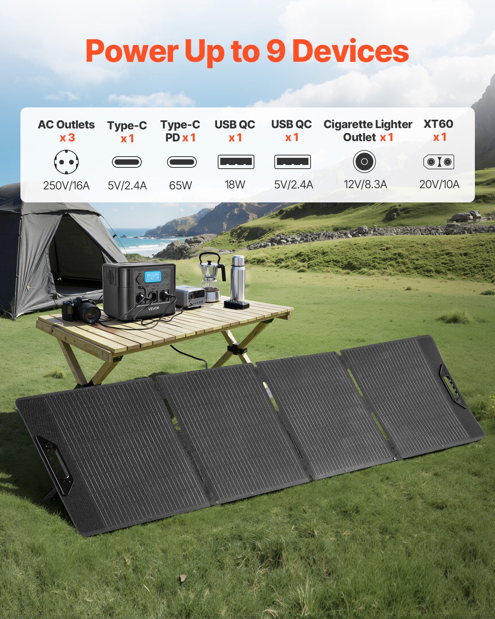 Estação elétrica portátil VEVOR, gerador solar portátil de 1200 W, painel solar de 200 W, bateria de reserva LiFePO4 de 806 Wh, com 9 portas de saída - 6