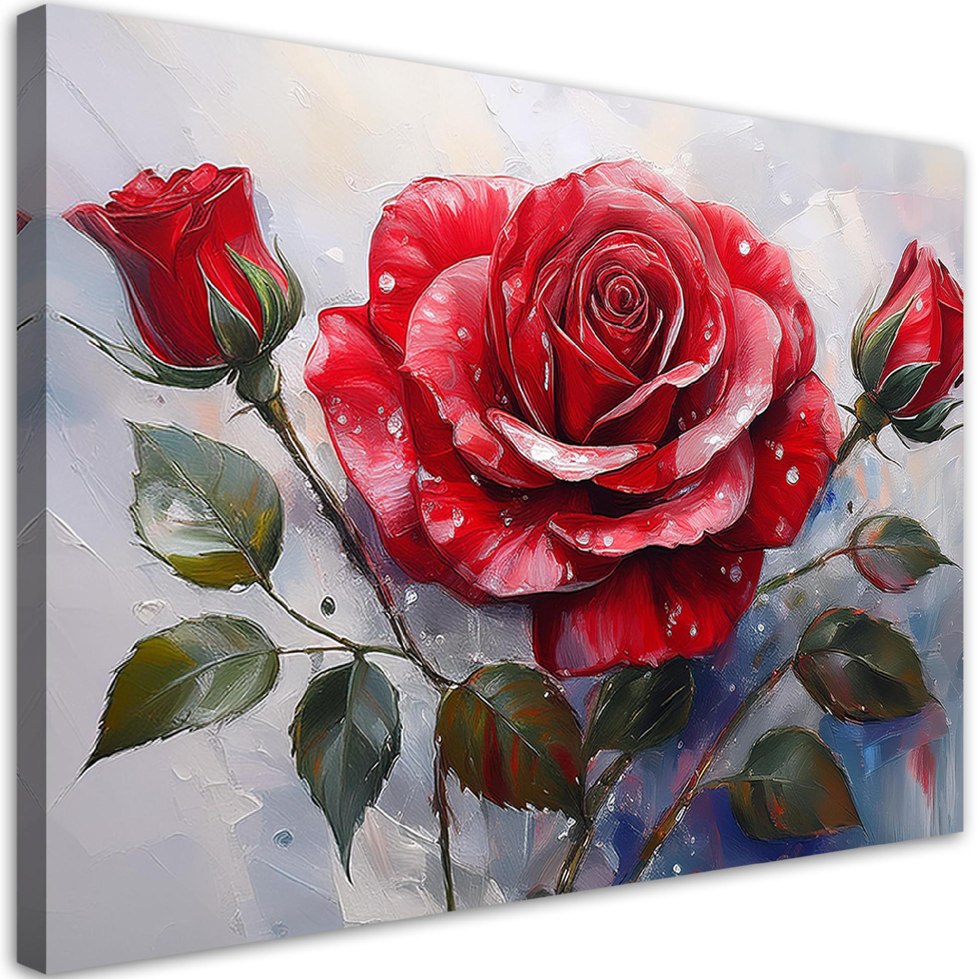 Obraz na płótnie, Czerwona Róża Kwiat Malowany 60x40