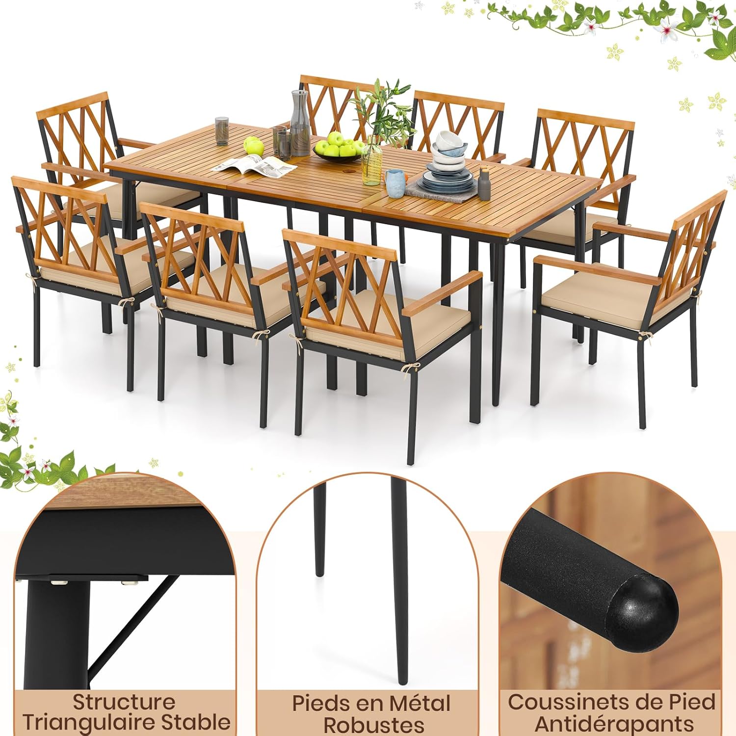 Table de Salle à Manger Jardin 8 Personnes en Bois d'Acacia-FSC, Table de Jardin Exterieur avec Trou Parasol de 5 CM, Plateau à Lattes, 200 x 90 cm - 6