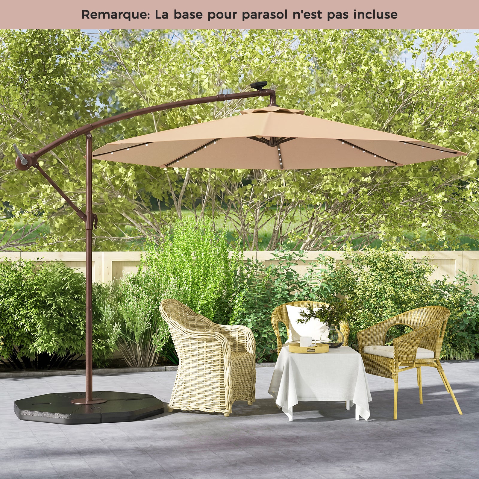 Parasol Déporté 3M Hexagonale, avec 40 LED Solaire, Inclinable, 8 Baleines en Métal, Base Croisée, Parasol à Manivelle, Beige - 8