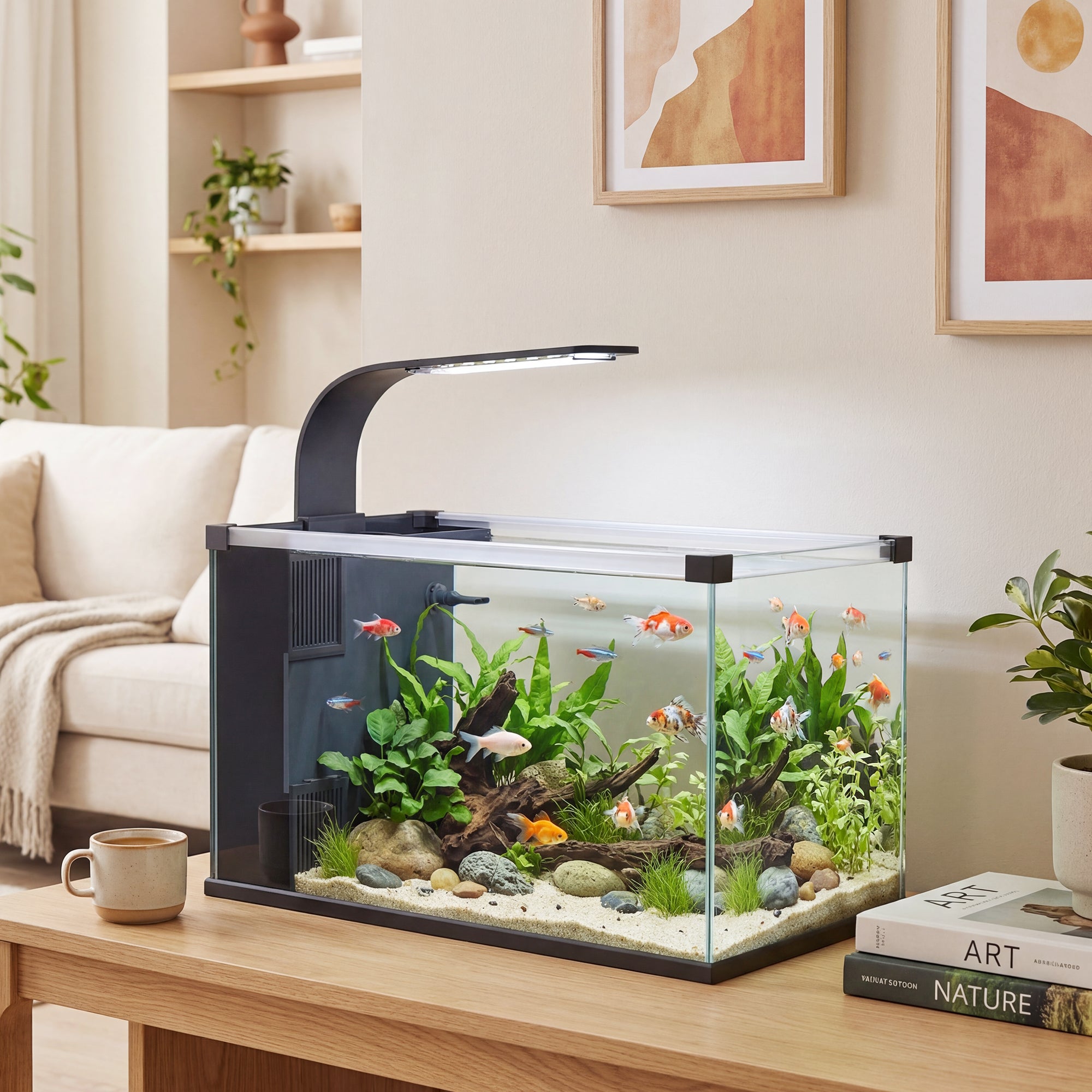 Acuario de vidrio templado de 24 litros con filtro, luz LED y bomba de agua. - 4