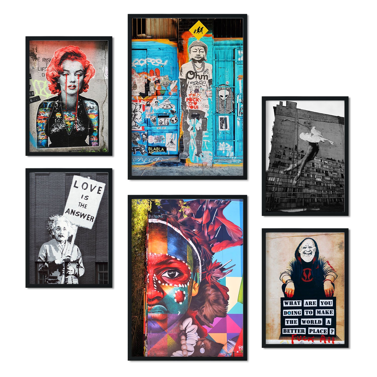 6 cuadros fotograficos graffiti urbano láminas decorativas arte callejero banksy poster moderno decoracion hogar a3 y a4 con marco blanco