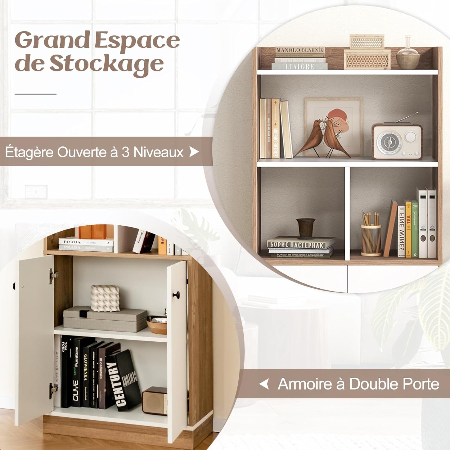 Libreria Scaffale con 2 Ante di Stoccaggio, Libreria Salvaspazio Moderna con 4 Ripiani in Legno Aperti, Mobile Alto Ufficio, per Soggiorno, Ca - 5