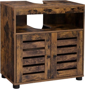 Meuble Sous vasque, 60 x 30 x 63 cm, Avec 2 Portes Persiennes, Brun Rustique
