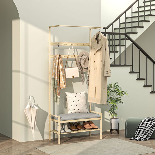 Garderobe mit Schuhbank, Kleiderstange, 10 Kleiderhaken, Schuhablage, Bambus