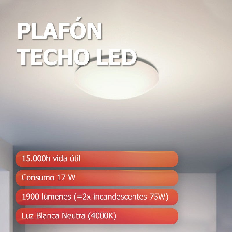 Plafón LED de techo, 32cm de diámetro y 6,8 de altura, Blanco, 4000K, 17W, No regulable 1900 Lúmenes, CRI 80, 15.000 h de Vida Útil - PILA - 3