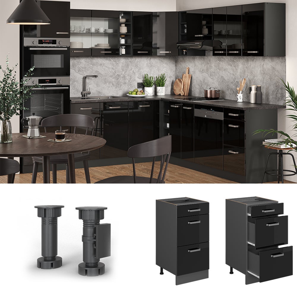 Vicco Meuble cuisine R-Line, Noir Haute brillance, 40cm avec tiroirs, sans PT - 2