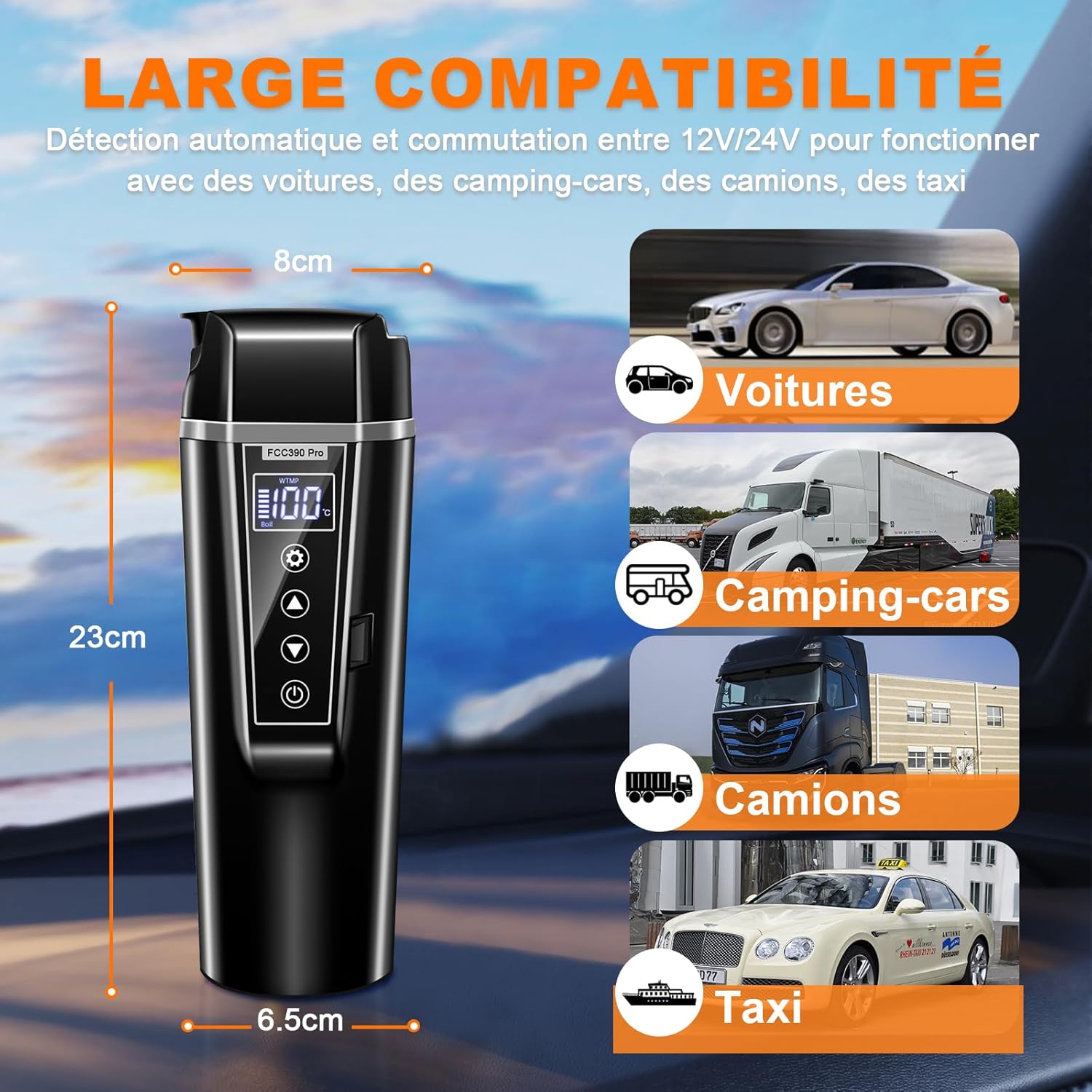Bouilloire électrique de voyage 12 V/24 V avec prise allume-cigare, pour voitures, camions et taxis, 450 ml, acier inoxydable 304 - 3