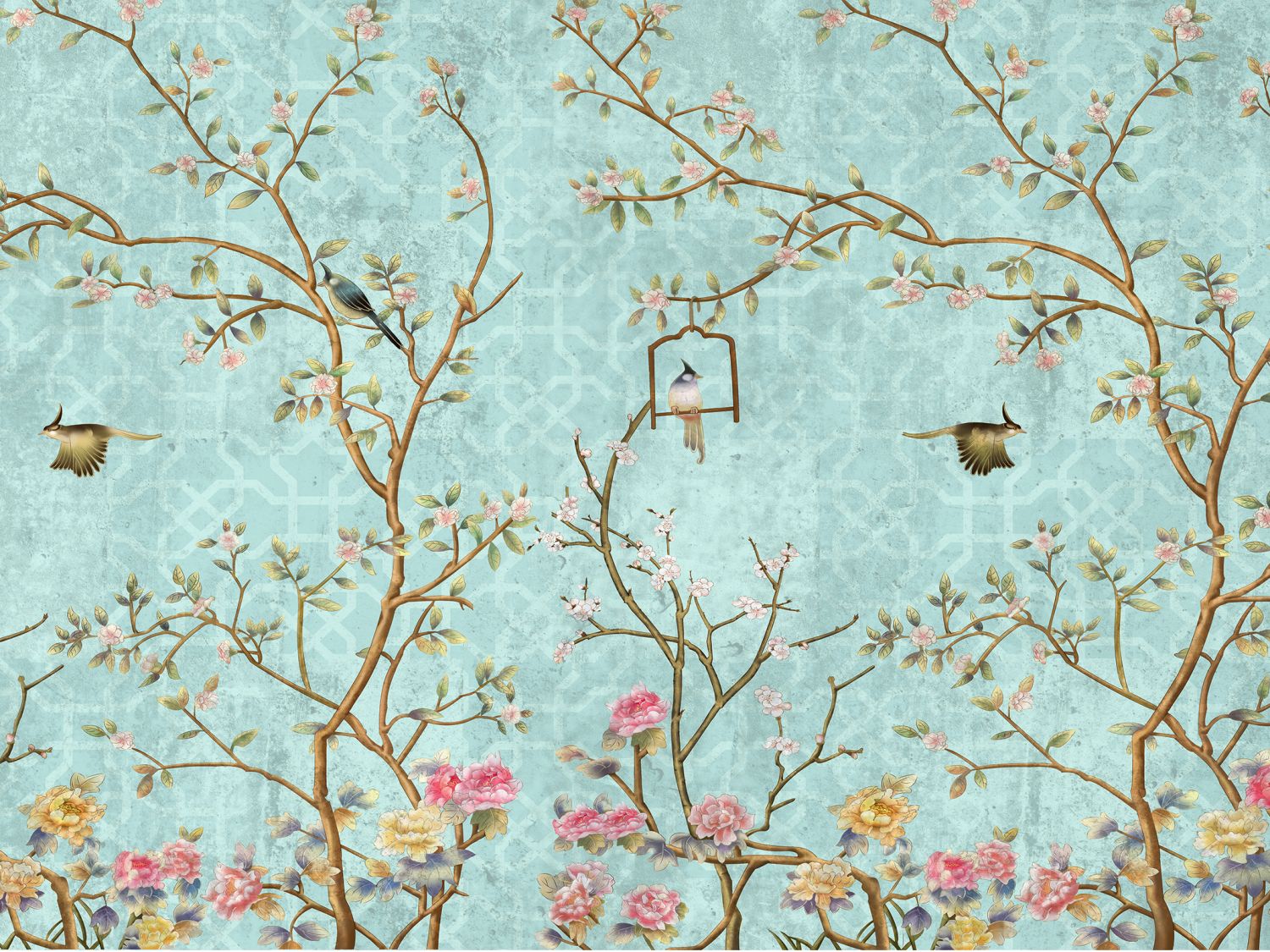 Fotomural flores y pájaros azul, rosa y amarillo - 3,6 x 2,7 m - sanders & sanders