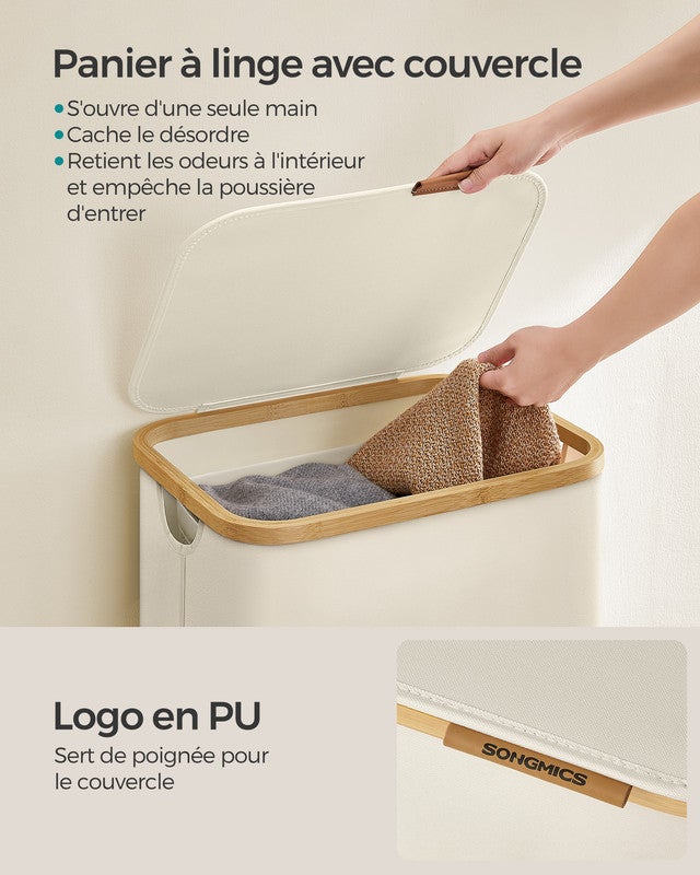 Panier à Linge Mince avec Couvercle, 90L, Gain de Place, Tissu Oxford, Poignées en Bambou, Pliable, 42 x 32 x 70,5 cm, Blanc Crème - 4