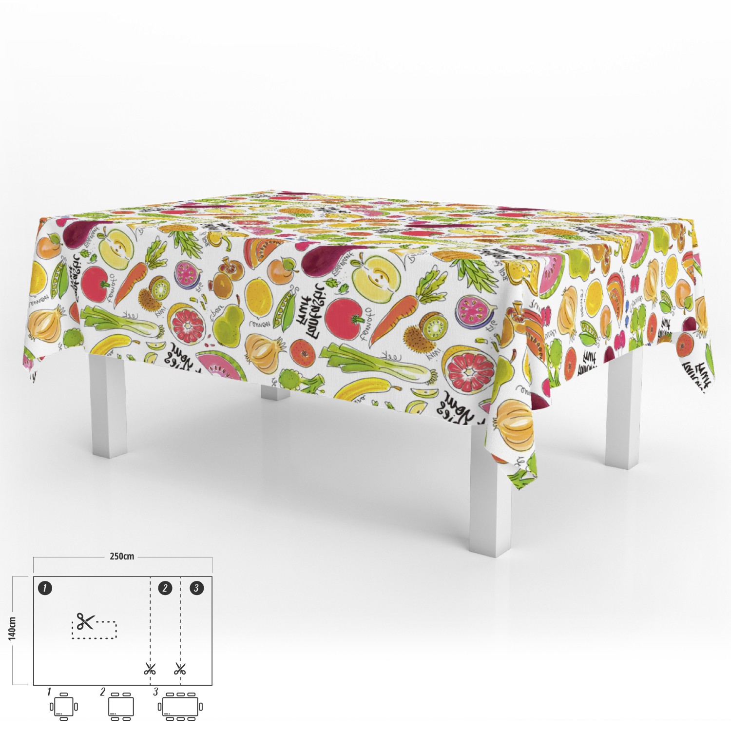 Mantel hule rectangular frutas fantasia impermeable antimanchas pvc 140x250 cm. recortable uso interior y exterior