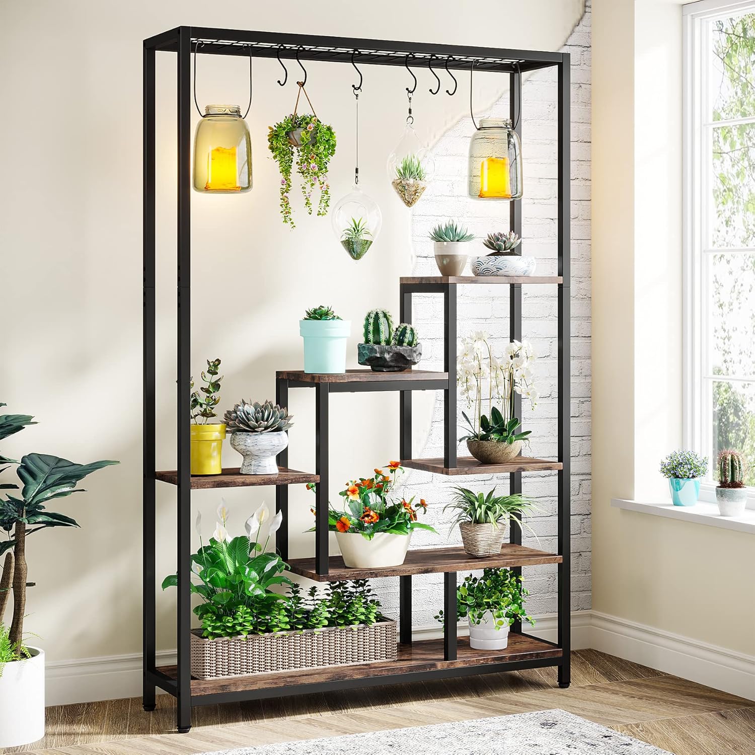 Tribesigns Support pour plantes d'intérieur à 5 niveaux - Grande étagère en métal de 180,1 cm avec 10 crochets de suspension en S - Multifonction - 3