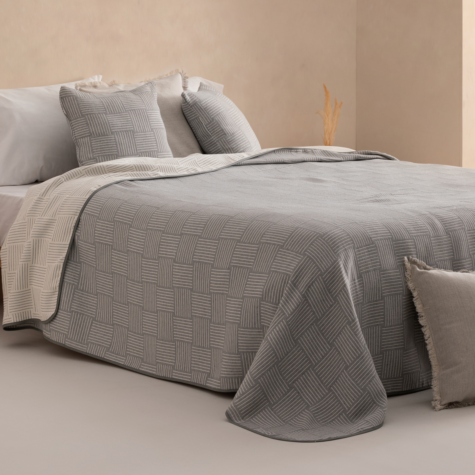 Colcha cama 80/90 cm ligera entretiempo primavera verano geométrica jacquard algodón transpirable, 180x270 cm, color gris