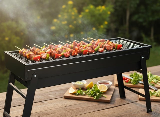 Grill węglowy wykonany ze stali nierdzewnej, składany i przenośny, idealny na kemping i do aktywności na świeżym powietrzu.