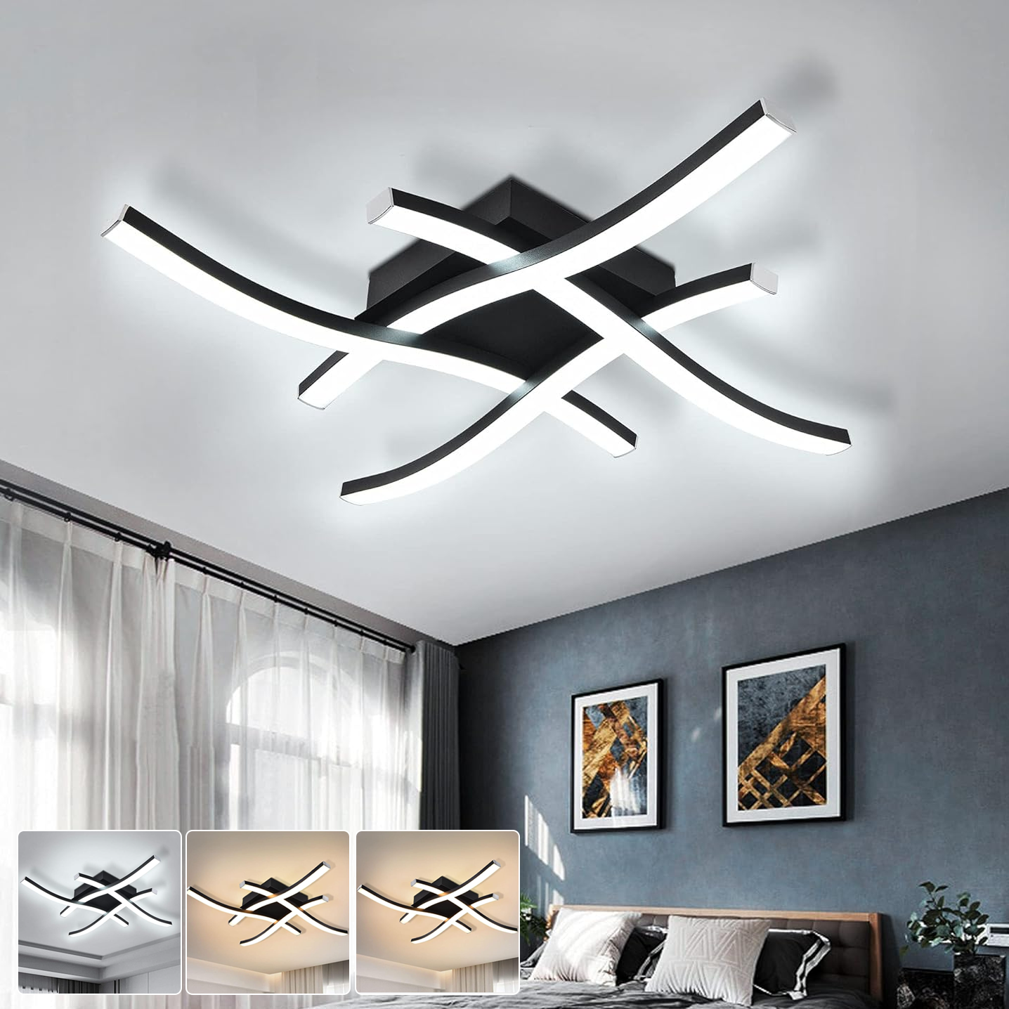 Lampa sufitowa LED, Żyrandol LED energooszczędny, Kinkiet ścienny o falistym designie, Nowoczesna lampa wisząca, 3 temperatury barwowe, 48 cm