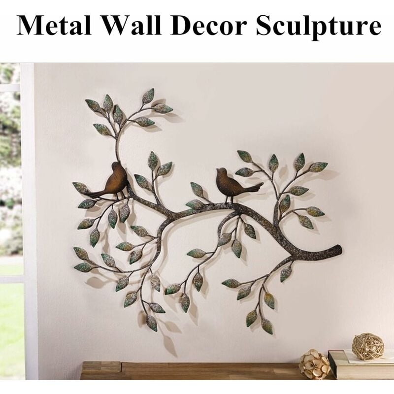 Oiseau Mural Art déco, Une Paire d'oiseaux d'amour sur Les Branches, Sculpture Murale en métal à Suspendre, décoration Murale en Fer forgé rétro,58x48 - 3