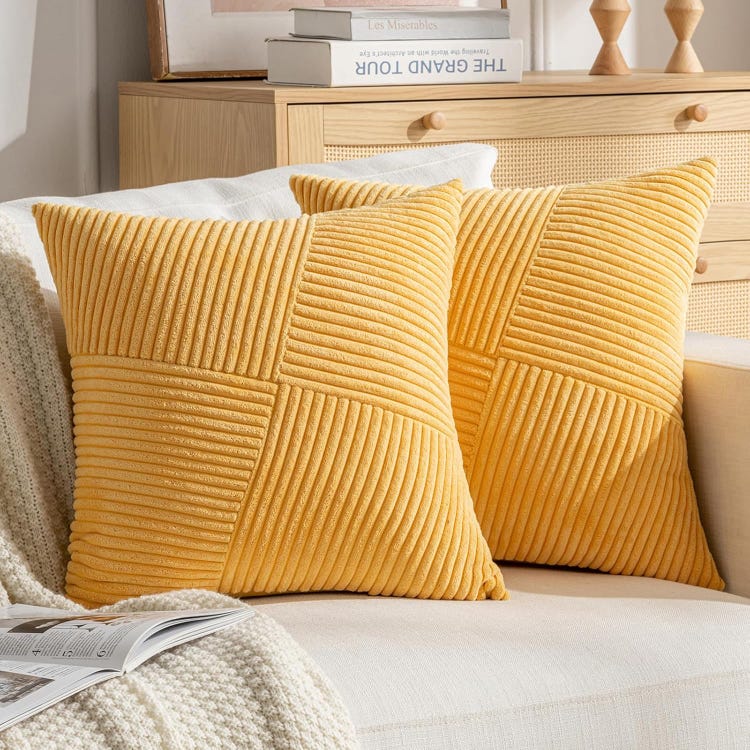 Housse de coussin en velours côtelé jaune 45x45 cm, rayée, moderne, décorative pour salon, chambre, canapé. - 4