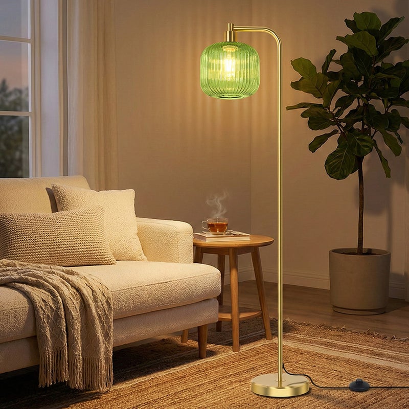 Lampa podłogowa LED 170 cm zielony klosz szklany E27, nowoczesna lampa stojąca salonu sypialni, włącznik nożny, metalowa podstawa W zestawie żarówka